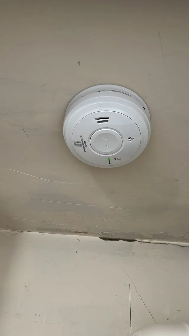 Carbon monoxide alarm installed on a ceiling as part of a home alarm system