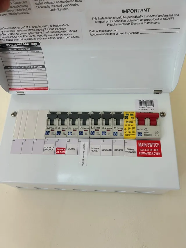 New consumer unit with RCBOs, surge protection and periodic inspection notice fitted